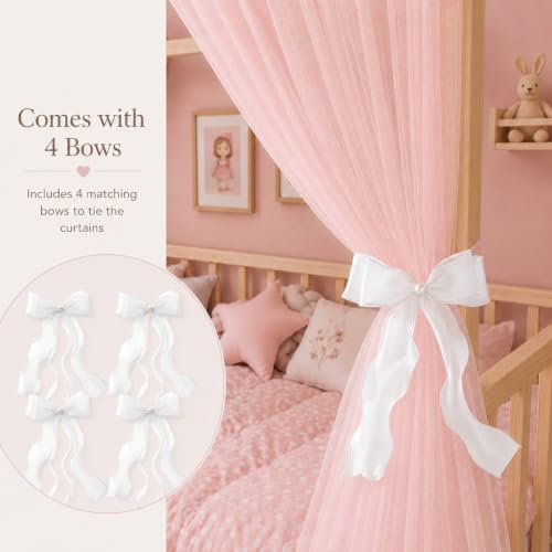 Pink Kids Bed Canopy Tulle Panels for House Beds with 4 Bow Tiebacks