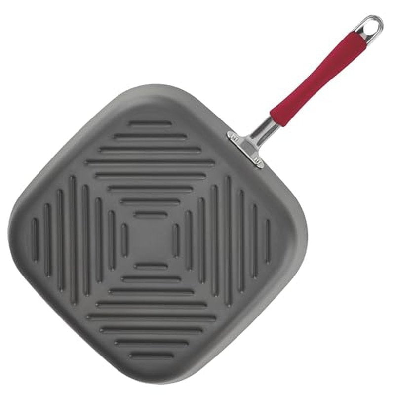 Rachael Ray Cucina Hard-Anodized Nonstick 11-Inch Deep Square Grill Pan, Gray with Cranberry Red Handle - 87632