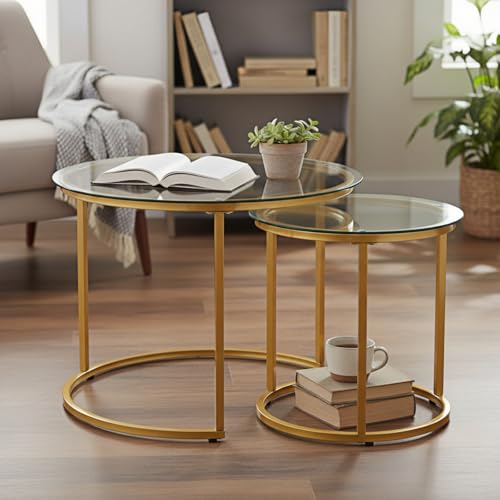 Round Nesting Coffee Table Set of 2, Modern Marble Pattern Stacking Tables