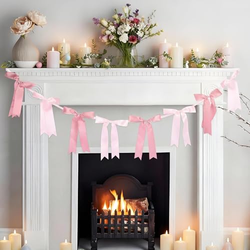 Pink Satin Bow Garlands - 2 Pack, 16pcs, 6.5ft Pre-Strung Party Decorations