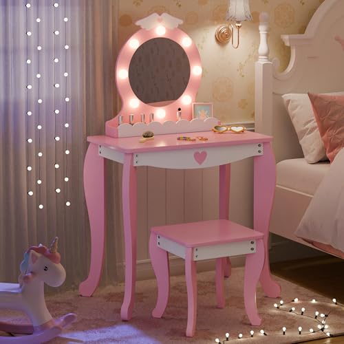 Kids Vanity Set with Lighted Mirror and Stool, Pink Princess Makeup Table
