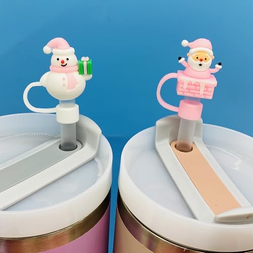 Coio 8Pcs Pink Christmas Straw Toppers for Stanley 30/40 oz Cups - 10mm Silicone Santa 3D Cap Lids (Variation: color 2)