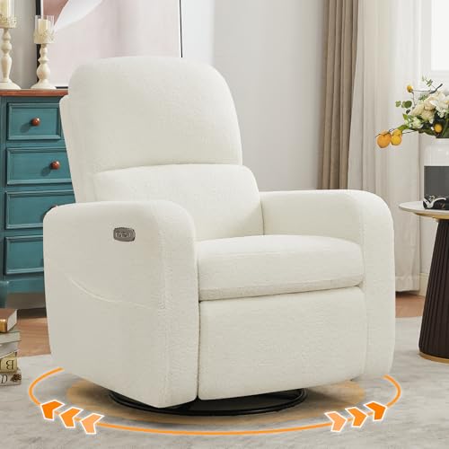 Oversized Power Swivel Glider Recliner with Lumbar Support, White Teddy Fabric