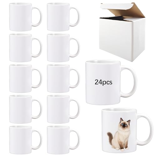 LaiHiulaan 24 Pack 11 oz White Sublimation Coffee Mugs with Handles - Bulk Customizable Blank Cups