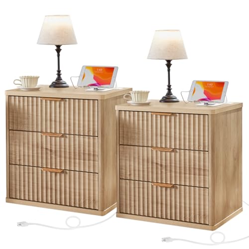Fluted Farmhouse 3-Drawer Nightstand Set with Charging Station