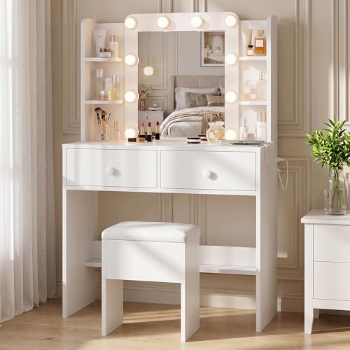Makeup Vanity Desk Set with LED Mirror, Charging Station and Stool