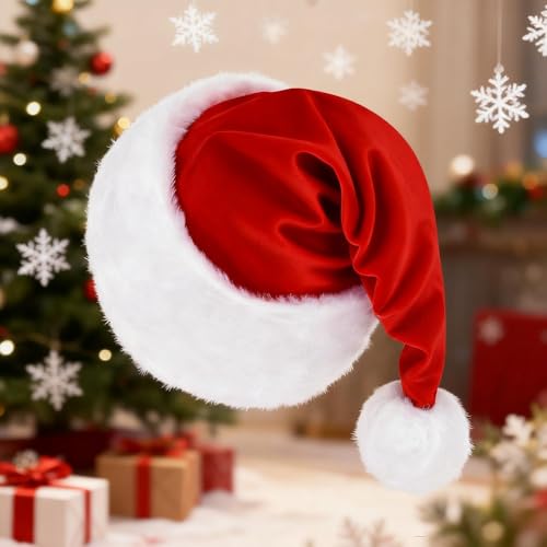 Red Velvet Santa Hat for Women - Plush Christmas Holiday Party Accessory