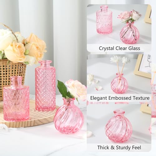 12 Pack Pink Glass Bud Vases - Small Vintage Flower Vases for Centerpieces