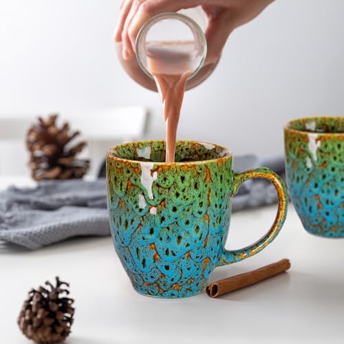 YINUOWEI 16 oz Ceramic Mug Set of 2 - Large Coffee Cups with Ergonomic Handles (Green & Blue, Blue)