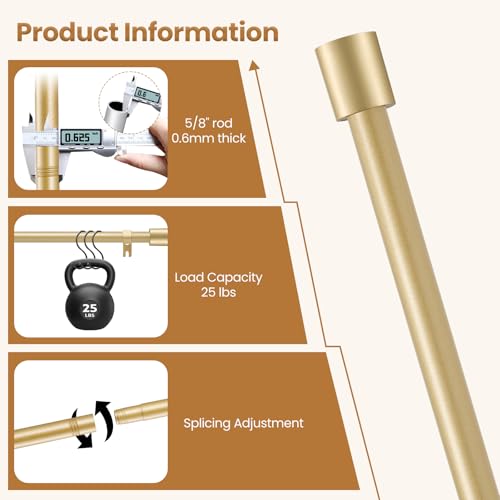Gold Adjustable Curtain Rod for Windows, 28-48 Inch Heavy Duty 5/8 In