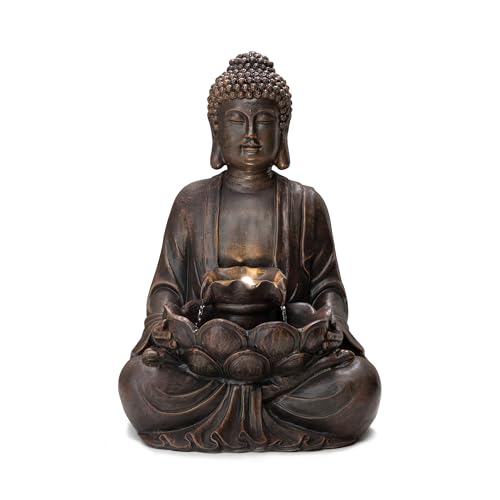 Meditating Buddha Garden Fountain with LED Light, 28-inch Polyresin Statue