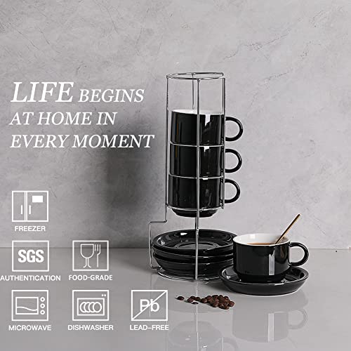 Sweejar Black Ceramic Espresso Cups Set of 4 (4 oz) with Saucers & Metal Stand