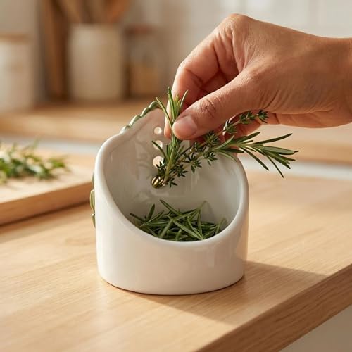 Ceramic Leaf Herb Stripper Bowl - Decorative Pottery Kitchen Tool