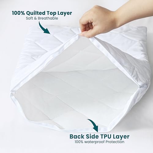 Quilted Waterproof Queen Pillow Protectors - Zippered Breathable Cover, 2 Pack