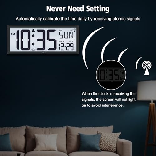 14.5-Inch Atomic Digital Wall Clock with Backlight, Temperature and Date
