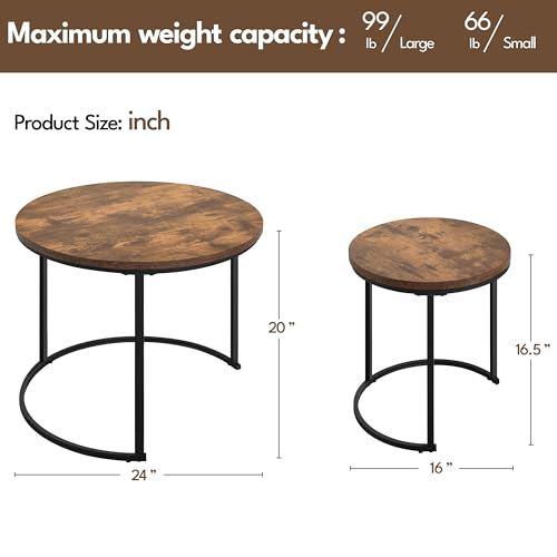 Round Nesting Coffee Table Set of 2, Rustic Brown Industrial Side Tables