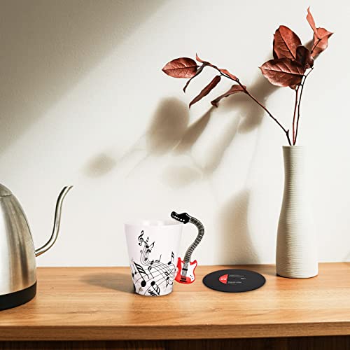 Guitar Mug with Vinyl Record Coaster - Red Electric Guitar Music Gift for Men Women