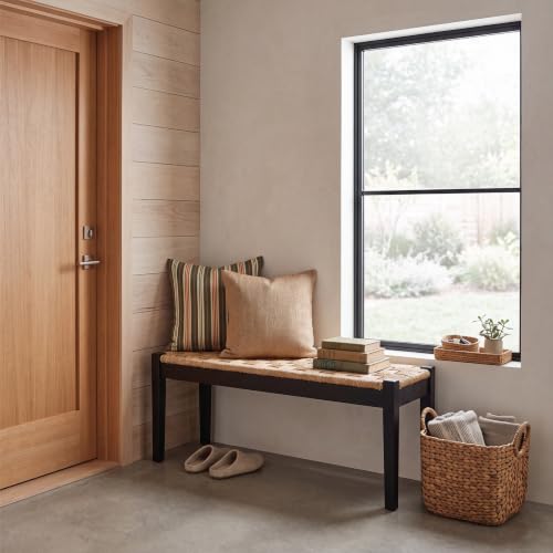 46-Inch Acacia Wood Entryway Bench with Woven Seagrass Seat