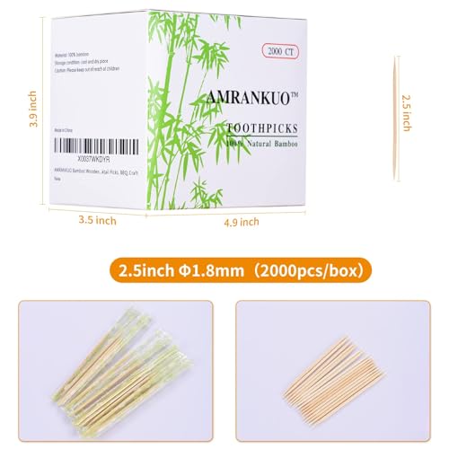 Amrankuo 2000CT Bamboo Toothpicks - Individually Wrapped, 2.5 Inch, Sanitary Cocktail & Appetizer Picks