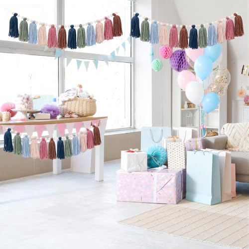 4 Pcs Boho Tassel Garland Set, Pastel Rainbow Wall Decor with Wood Beads