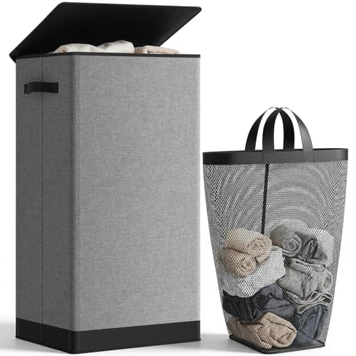 100L Collapsible Laundry Hamper with Lid and Removable Mesh Inner Bag