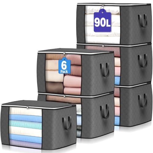 90L Large Clothing Storage Bags 6-Pack Foldable Closet Organizers with Reinforced Handles and Clear Window