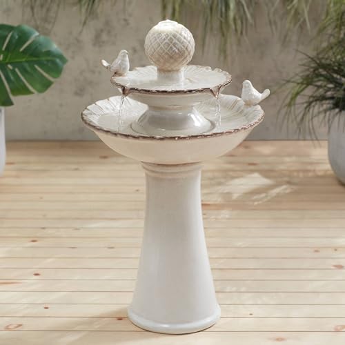 2-Tier Ceramic Outdoor Water Fountain with LED Light, 27-Inch Floor Basin