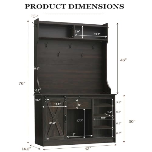 Farmhouse Hall Tree with Bench and Shoe Storage, Sliding Barn Door Organizer