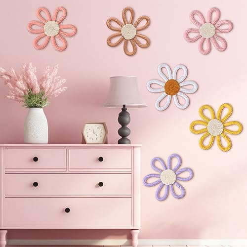 6-Piece Boho Daisy Wall Art Set - Woven Macrame Floral Nursery Decor