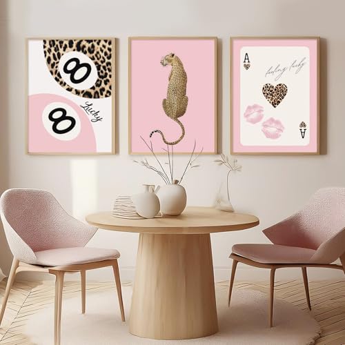 Preppy Cheetah Canvas Wall Art Set Pink Aesthetic Bedroom Decor