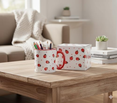 White Ladybug Ceramic Coffee Mug 13oz with Gift Box – Cute Red Polka Dot Cup