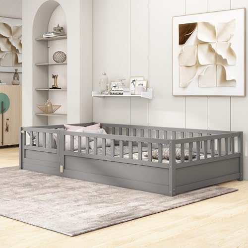 Montessori Twin Floor Bed Frame with Safety Guardrails and Door, Solid Pine