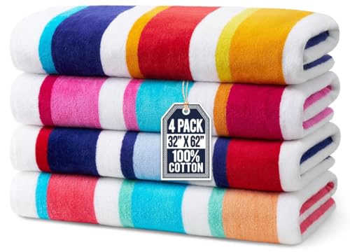 Large Striped Cotton Beach Towels - 32" x 62" Soft Absorbent Towel (4 Pack)