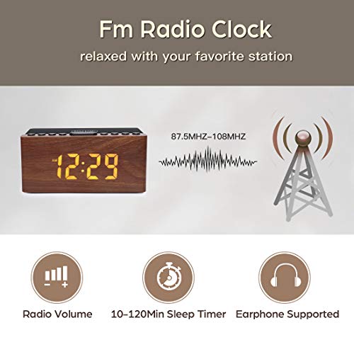 Wooden LED Digital Alarm Clock with Wireless Charger and FM Radio