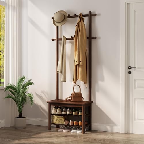 Wooden Hall Tree with Bench, 11-Hook Coat Rack and 2-Tier Shoe Storage