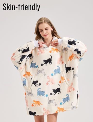 Huglanket Cat Lovers Hoodie Blanket – Cream Yarn Ball S, Oversized Flannel One Size