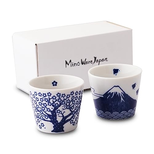 Japanese Sake Cups Set of 2 - Sakura & Mt. Fuji Indigo Pottery, 3.9 fl oz, Cold & Hot Drinkware, Gift Box