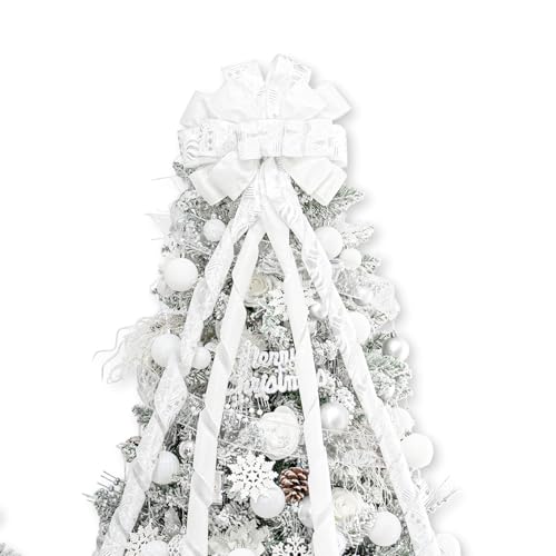Large White Christmas Tree Topper Bow with Glitter Streamers - 53x13 Inch