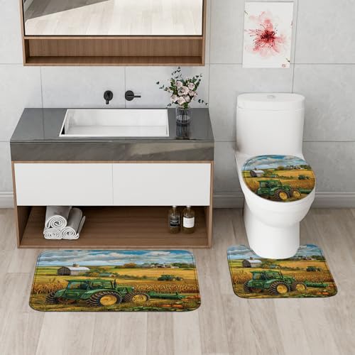 Green Tractor Farmhouse Bathroom Decor Set - 4 Piece Curtain & Rugs