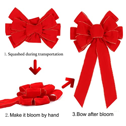 2-Pack Large Red Velvet Christmas Bows with Gold Edge - 12x20 Inch
