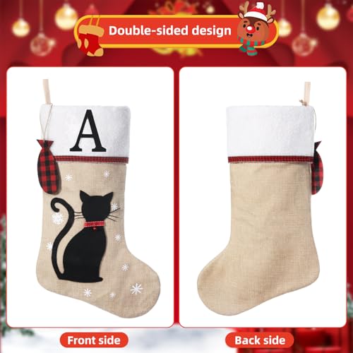 Personalized Cat Christmas Stocking with Wood Fish Tags - 20 Inch Holiday Pet Gift (Letter F) - Cat / Cat-F