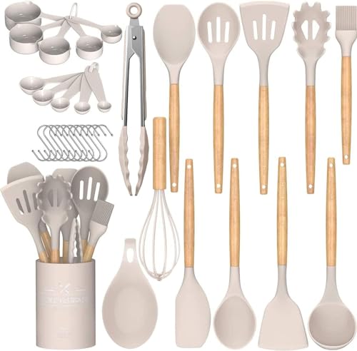 33-Piece Non-Stick Silicone Kitchen Utensils Set with Holder & Wooden Handles