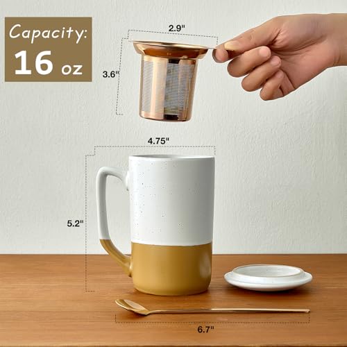 Gencywe Amber Large Tea Mug with Infuser, Lid & Spoon - 16oz Ceramic