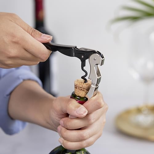 Black Double Hinged Waiter's Corkscrew Wine Opener with Foil Cutter - Stainless Steel & Plastic