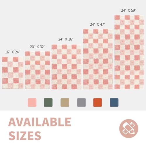 CozeCube Blossom Pink Checkered Bath Mat 24"x16" Non-Slip Shaggy Rug