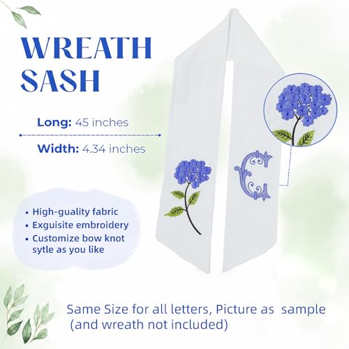 Monogram Wreath Sash for Front Door Embroidered Letter S Hydrangea