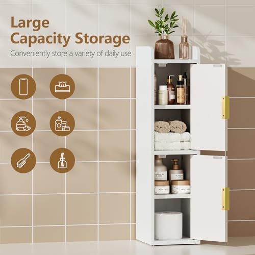 Slim Bathroom Storage Cabinet, Narrow Corner Floor Organizer with 2 Doors