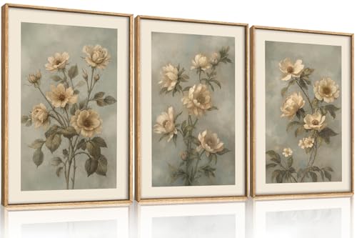 Vintage Botanical Flower Framed Canvas Wall Art, 3-Piece Floral Triptych