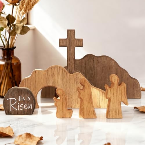 Wooden Easter Resurrection Scene Set, 7-Piece Empty Tomb Cross Tabletop Decor