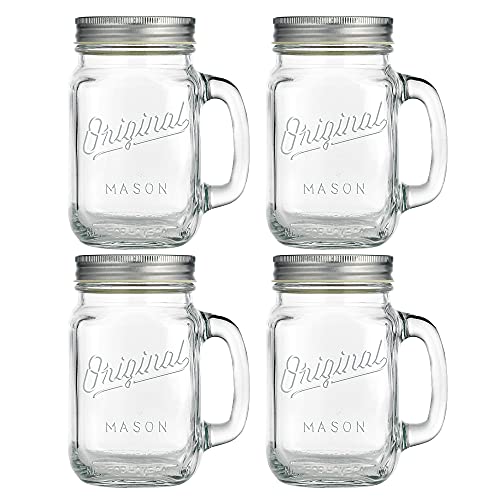 Glaver's Set of 4 16Oz Mason Jar Glass Mugs with Handle & Lid - Home Essentials
